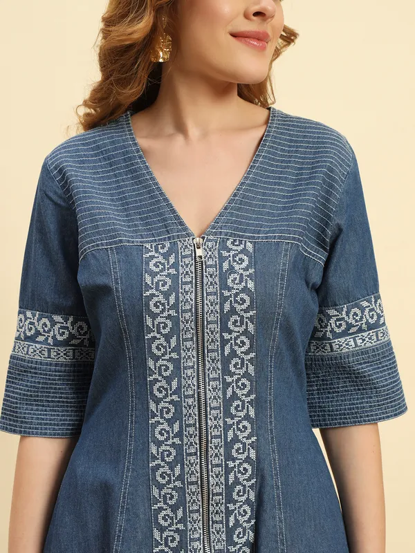 Dark_Blue_Denim_Front_Open_Embroidered_Dress_For_Women