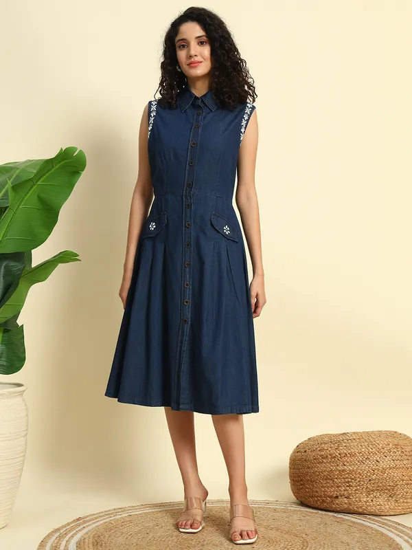 Dark_Blue_Denim_Front_Open_Sleeveless_Embroidered_Dress_For_Women