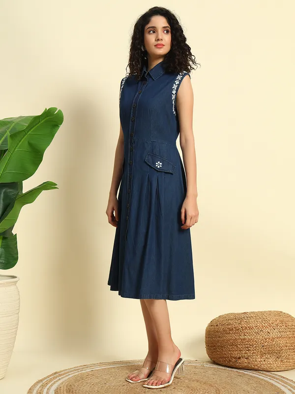 Dark_Blue_Denim_Front_Open_Sleeveless_Embroidered_Dress_For_Women