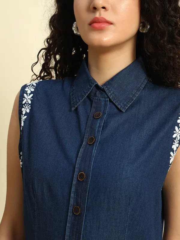 Dark_Blue_Denim_Front_Open_Sleeveless_Embroidered_Dress_For_Women