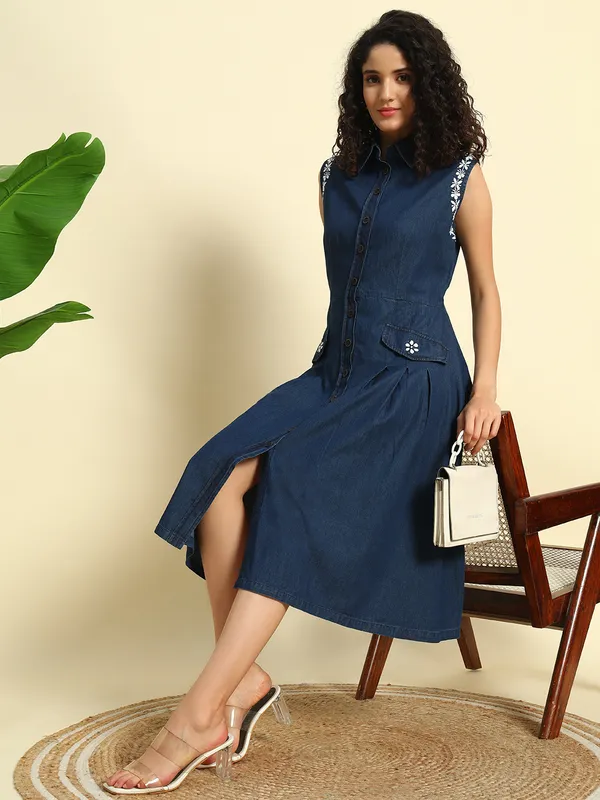 Dark_Blue_Denim_Front_Open_Sleeveless_Embroidered_Dress_For_Women