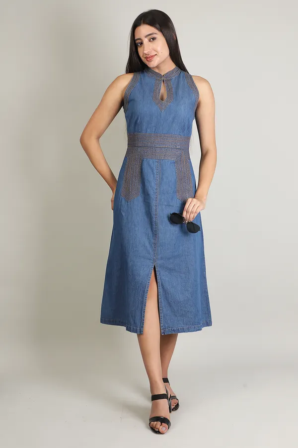 Medium_Blue_Denim_Halter_Neck_Front_Slit_Dress_For_Women