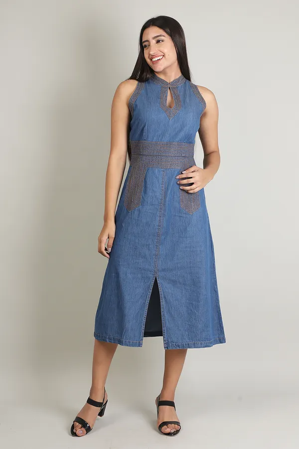 Medium_Blue_Denim_Halter_Neck_Front_Slit_Dress_For_Women