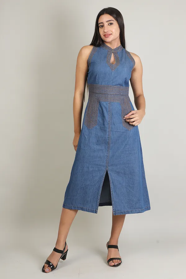 Medium_Blue_Denim_Halter_Neck_Front_Slit_Dress_For_Women