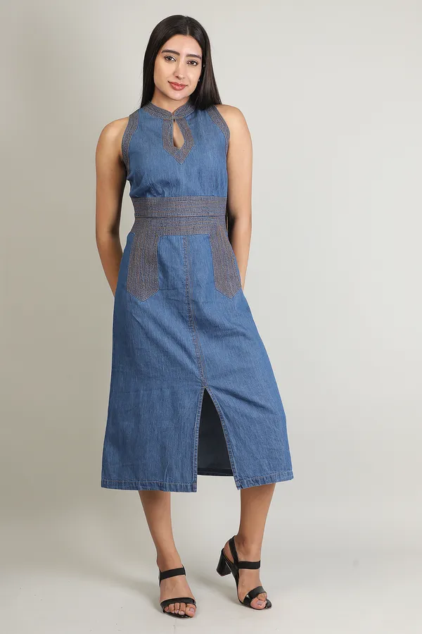 Medium_Blue_Denim_Halter_Neck_Front_Slit_Dress_For_Women