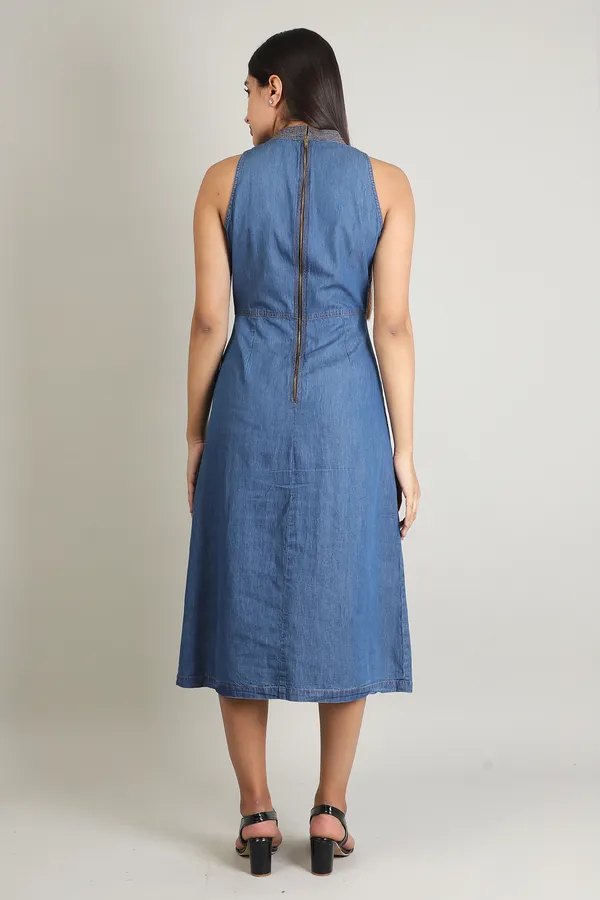 Medium_Blue_Denim_Halter_Neck_Front_Slit_Dress_For_Women