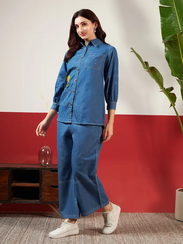 Medium_Blue_Denim_Hand_Painted_Co-Ord_Set_Set_For_Women