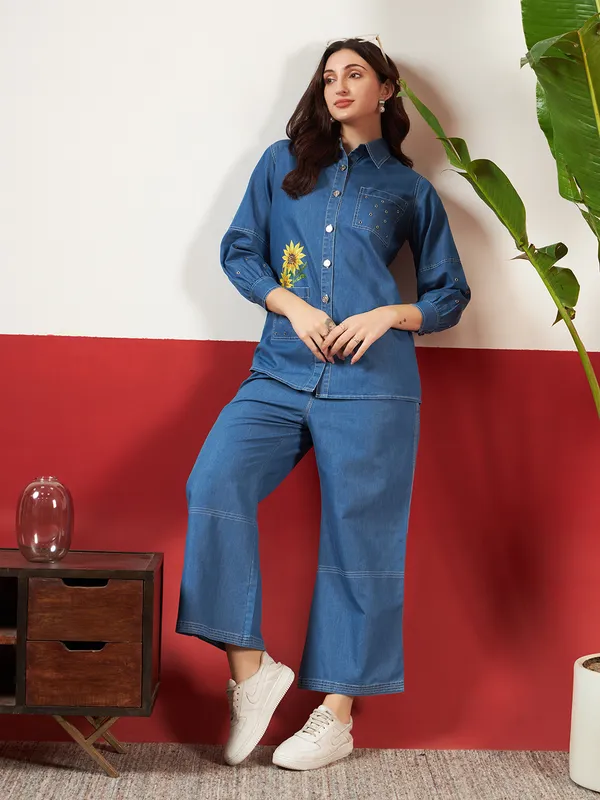 Medium_Blue_Denim_Hand_Painted_Co-Ord_Set_Set_For_Women