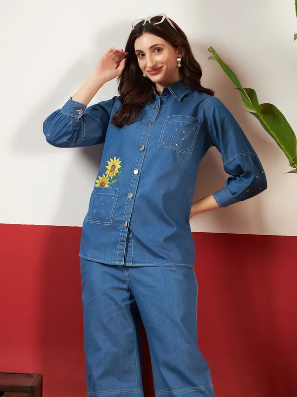 Medium_Blue_Denim_Hand_Painted_Co-Ord_Set_Set_For_Women