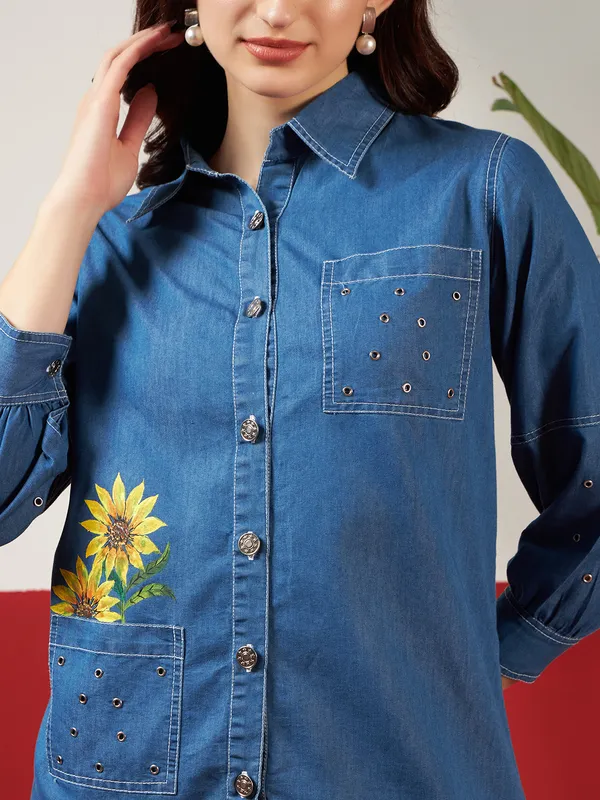Medium_Blue_Denim_Hand_Painted_Co-Ord_Set_Set_For_Women