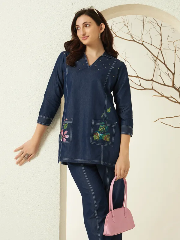 Dark_Blue_Denim_Hand_Painted_Co-Ord_Set_For_Women