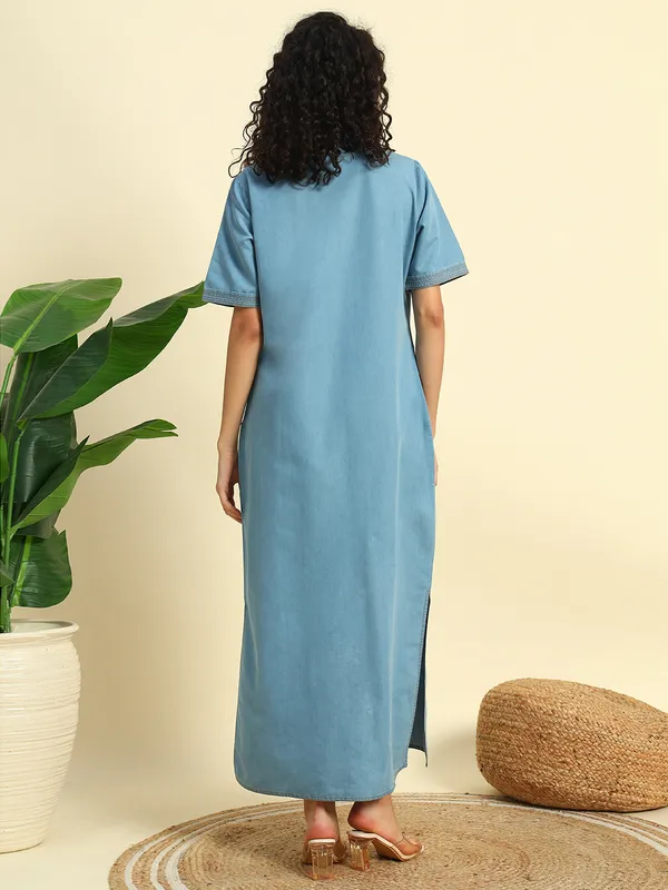 Ice_Blue_Denim_Hand_Painted_Long_Slit_Dress_For_Women