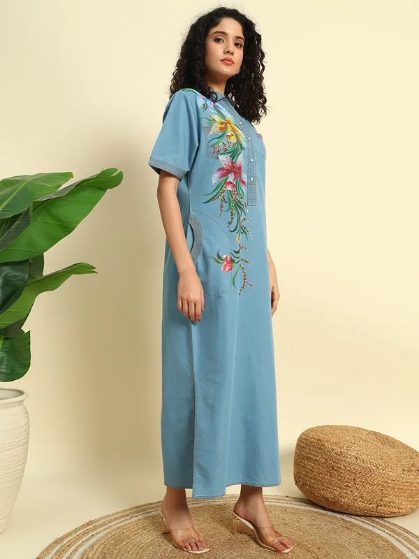 Ice_Blue_Denim_Hand_Painted_Long_Slit_Dress_For_Women
