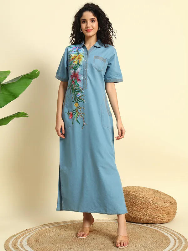 Ice_Blue_Denim_Hand_Painted_Long_Slit_Dress_For_Women