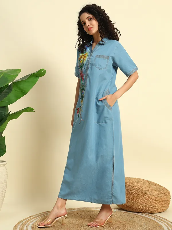 Ice_Blue_Denim_Hand_Painted_Long_Slit_Dress_For_Women