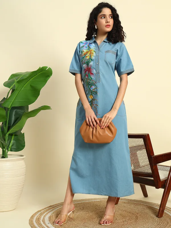Ice_Blue_Denim_Hand_Painted_Long_Slit_Dress_For_Women