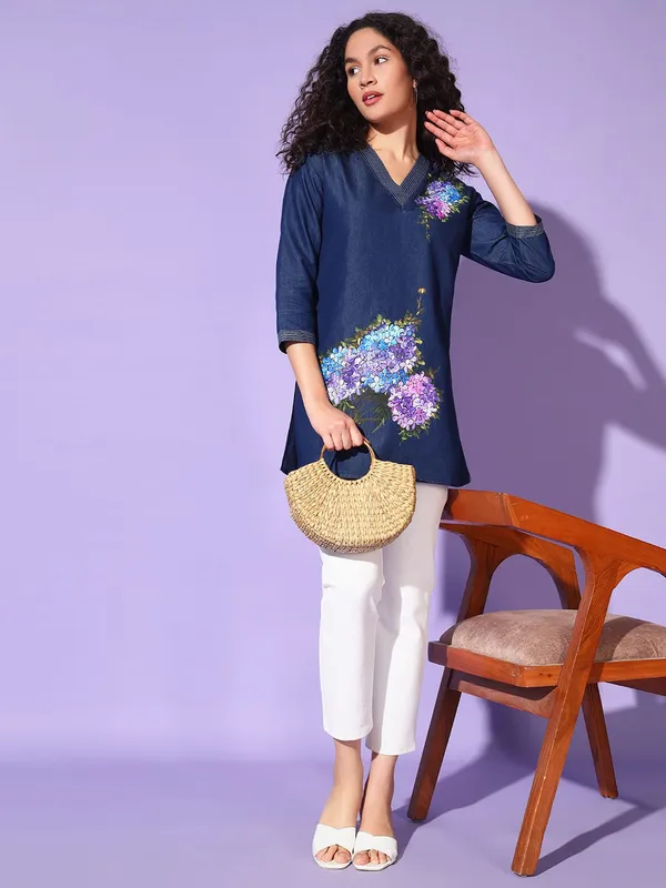 Dark_Blue_Denim_Hand_Painted_Top_For_Women
