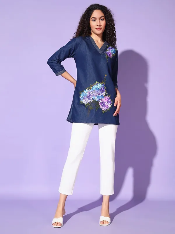 Dark_Blue_Denim_Hand_Painted_Top_For_Women