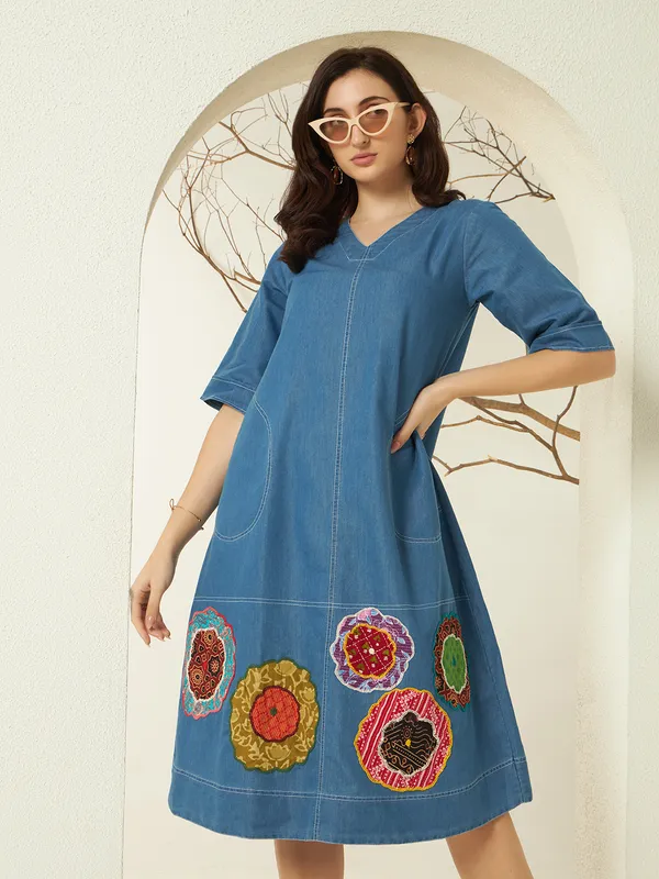 Medium_Blue_Denim_Midi_Dress_With_Colourful_Applique_Work_For_Women