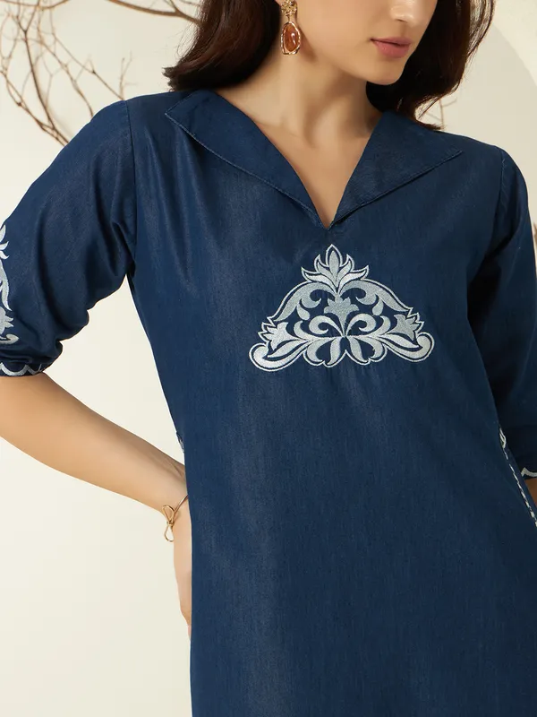 Dark_Blue_Denim_Scallop_Sleeve_Dress_For_Women