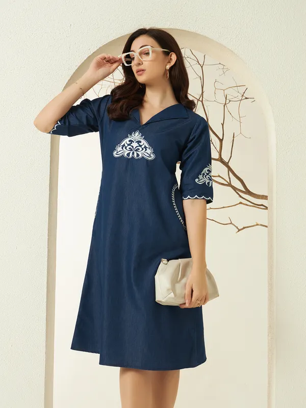 Dark_Blue_Denim_Scallop_Sleeve_Dress_For_Women