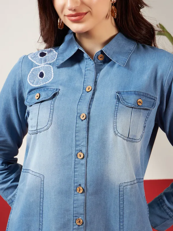 Washed_Denim_Denim_Washed_Dress_With_Kantha_Charm_For_Women
