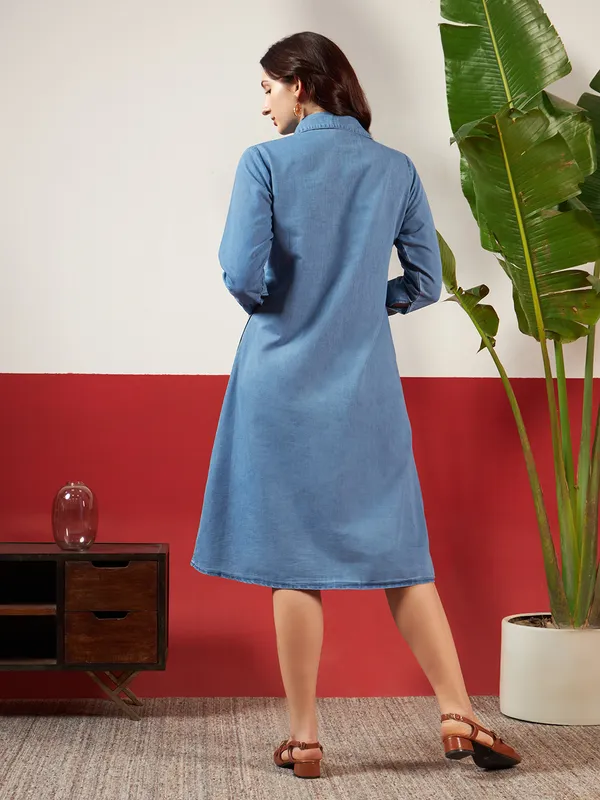 Washed_Denim_Denim_Washed_Dress_With_Kantha_Charm_For_Women