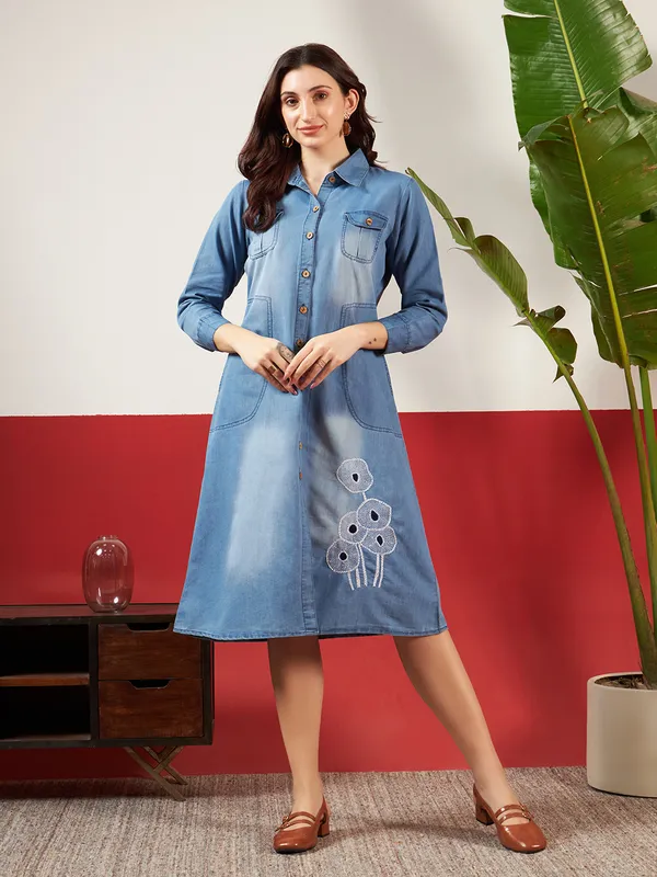 Washed_Denim_Denim_Washed_Dress_With_Kantha_Charm_For_Women