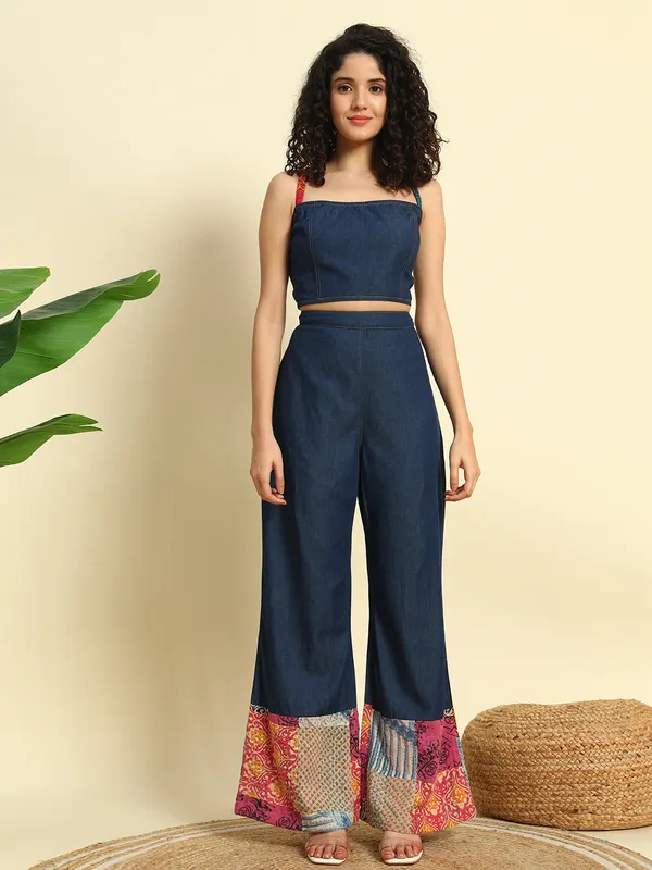 Dark_Blue_&_Silk_Fabric_Denim_Co-Ord_Set_With_Kantha_Patch_Work_For_Women
