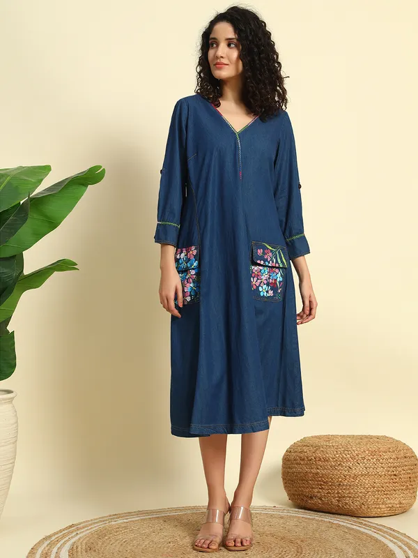 Dark_Blue_V_Neck_Full_Flared_Hand_Painted_Dress_For_Women
