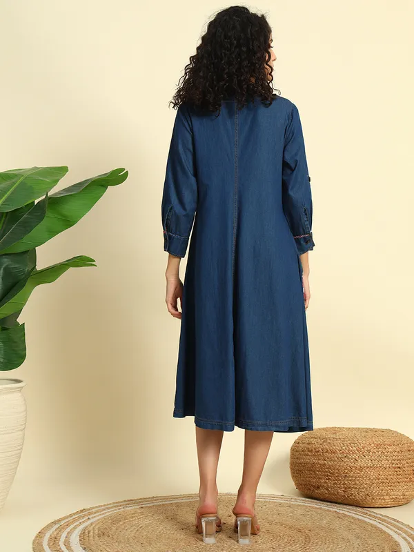 Dark_Blue_V_Neck_Full_Flared_Hand_Painted_Dress_For_Women