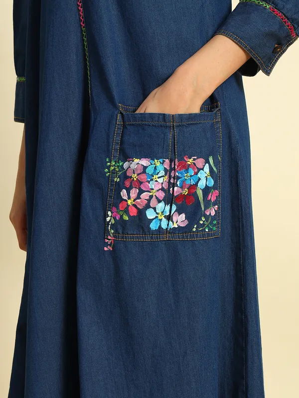 Dark_Blue_V_Neck_Full_Flared_Hand_Painted_Dress_For_Women