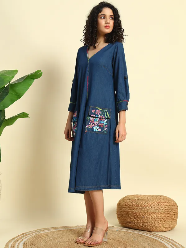 Dark_Blue_V_Neck_Full_Flared_Hand_Painted_Dress_For_Women