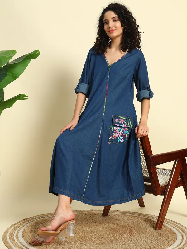 Dark_Blue_V_Neck_Full_Flared_Hand_Painted_Dress_For_Women