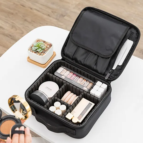 Nylon_Makeup_Organizer_Bag_for_Women,_Girls_&_Bride_-_Travel_Cosmetic_Kit_Storage_Organiser_-_Toiletry_Vanity_Box_with_Adjustable_Compartment,_26l_x_23b_x_9h_cm_(Black)