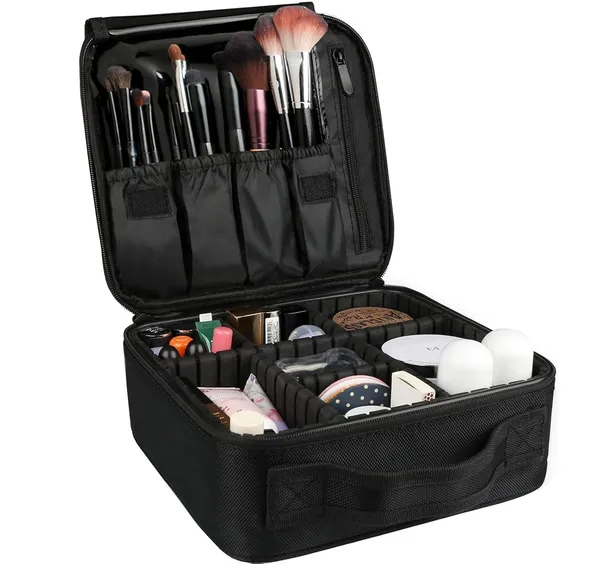 Nylon_Makeup_Organizer_Bag_for_Women,_Girls_&_Bride_-_Travel_Cosmetic_Kit_Storage_Organiser_-_Toiletry_Vanity_Box_with_Adjustable_Compartment,_26l_x_23b_x_9h_cm_(Black)