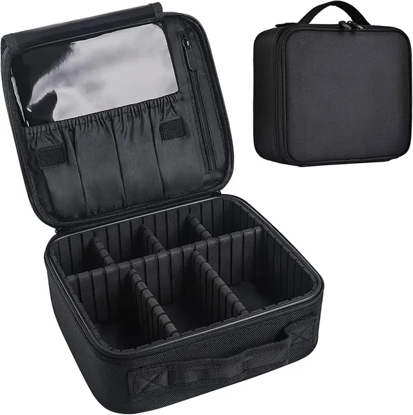 Nylon_Makeup_Organizer_Bag_for_Women,_Girls_&_Bride_-_Travel_Cosmetic_Kit_Storage_Organiser_-_Toiletry_Vanity_Box_with_Adjustable_Compartment,_26l_x_23b_x_9h_cm_(Black)