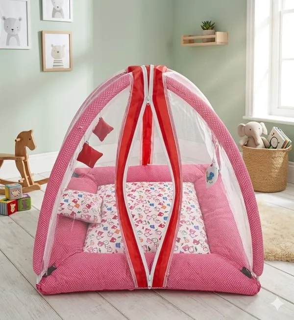 Baby_Bed_&_Play_Gym_with_Mosquito_Net_|_Portable_Foldable_Sleeping_Mat_with_Soft_Cushion_&_Pillow_|_Breathable,_Travel-Friendly_Baby_Nest_for_Newborn_to_12_Months