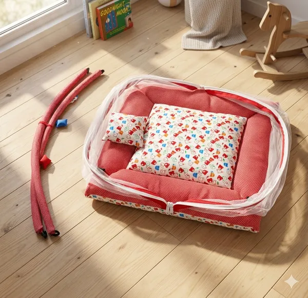 Baby_Bed_&_Play_Gym_with_Mosquito_Net_|_Portable_Foldable_Sleeping_Mat_with_Soft_Cushion_&_Pillow_|_Breathable,_Travel-Friendly_Baby_Nest_for_Newborn_to_12_Months