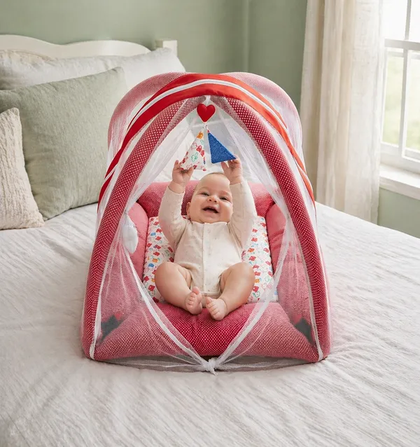 Baby_Bed_&_Play_Gym_with_Mosquito_Net_|_Portable_Foldable_Sleeping_Mat_with_Soft_Cushion_&_Pillow_|_Breathable,_Travel-Friendly_Baby_Nest_for_Newborn_to_12_Months