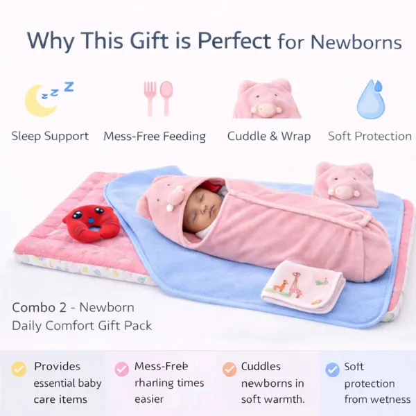 MimiLap_New_Born_Daily_Comfort_Gift_Pack_|_Baby_Sleep_Gadda_(70×50_cm)_with_Waterproof_Dry_Sheet,_Baby_Wrapper,_Bib_&_Neck_Support_Pillow_|_Useful_Newborn_Baby_Gift_for_0–12_Months