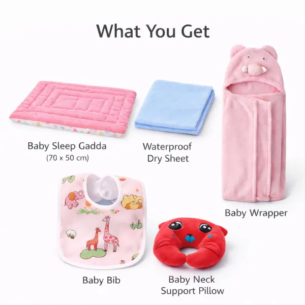 MimiLap_New_Born_Daily_Comfort_Gift_Pack_|_Baby_Sleep_Gadda_(70×50_cm)_with_Waterproof_Dry_Sheet,_Baby_Wrapper,_Bib_&_Neck_Support_Pillow_|_Useful_Newborn_Baby_Gift_for_0–12_Months