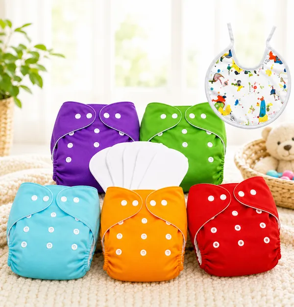 Pack_of_5_Red_&_Green_&_Orange_&_Purple_&_Sky_Blue_Cotton_&_Polyester_Baby_Cloth_Diaper_With_Free_Bib_For_Kids