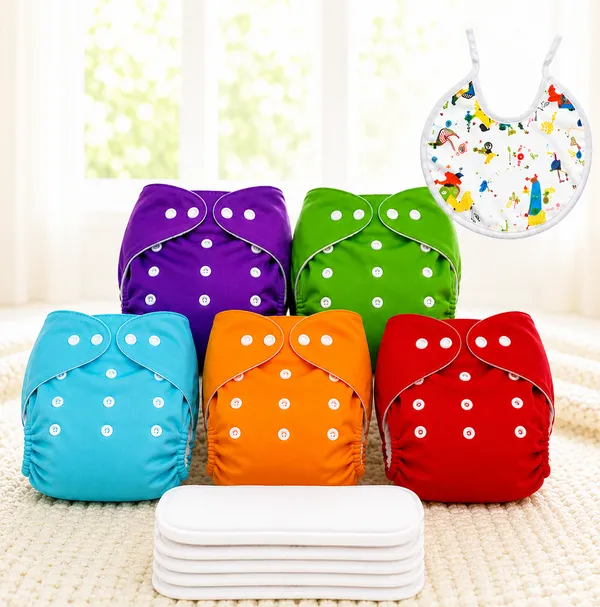 Pack_of_5_Red_&_Green_&_Orange_&_Purple_&_Sky_Blue_Cotton_&_Polyester_Baby_Cloth_Diaper_With_Free_Bib_For_Kids