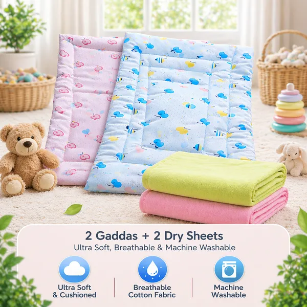 Mimilap_Baby_Bedding_Set_of_2_Gaddas_&_2_Dry_Sheets_(70x50_cm)_|_Waterproof,_Soft_Cotton,_Washable