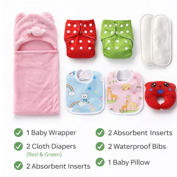 MimiLap_Newborn_Baby_Care_Gift_Pack|_Baby_Wrapper_+_2_Cloth_Diapers_with_Inserts_+_2_Waterproof_Bibs_+_Baby_Pillow_|_Soft,_Reusable_&_Gentle_|_Ideal_Baby_Gift_for_0–12_Months