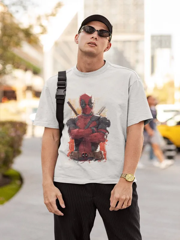 White_Cotton_Oversized_Deadpool_Print_T-Shirt_For_Men