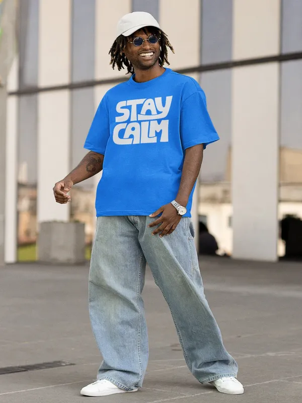 Blue_Cotton_Oversized_Stay_Calm_T-Shirt_For_Men