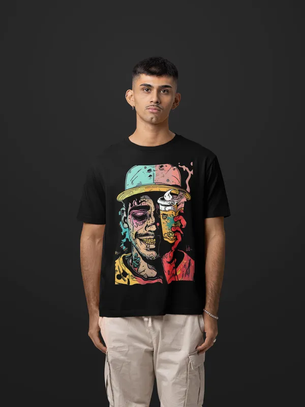 Black_Cotton_Oversized_Psychedelic_Drip_T-Shirt_For_Men