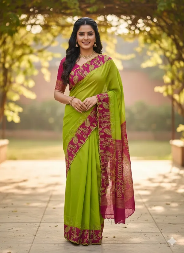 Parrot_Green_Cut_Work_With_Embroidery_Georgett_Saree_With_Contrast_Blouse